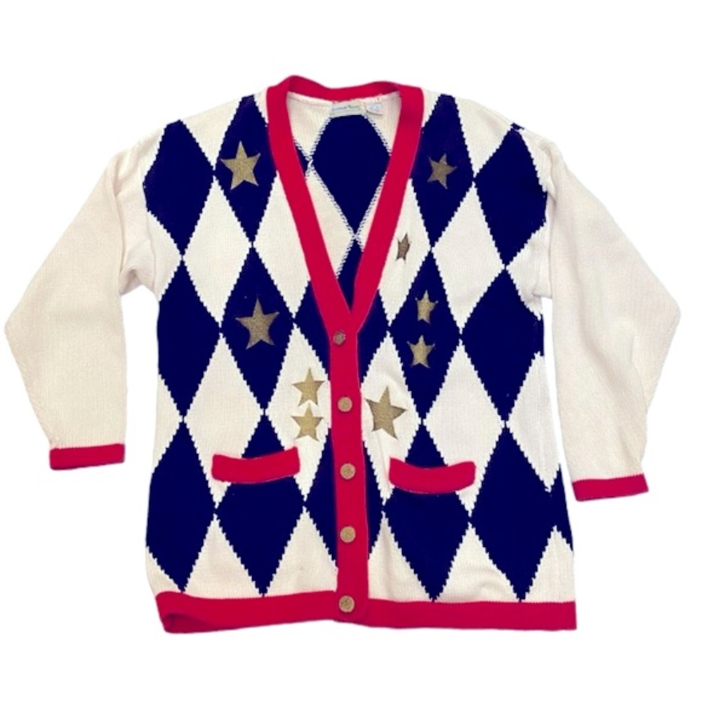 Vintage Argyle Patriotic Cardigan Flag Sweater Red White Blue Stars Oversized S